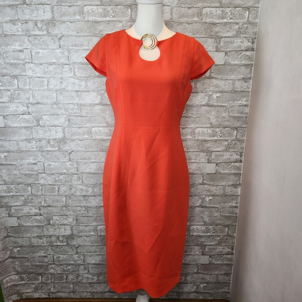 Elie Tahari Midi Dress Tomato Orange Gold Hardware Sheath Size 6 NWT $398